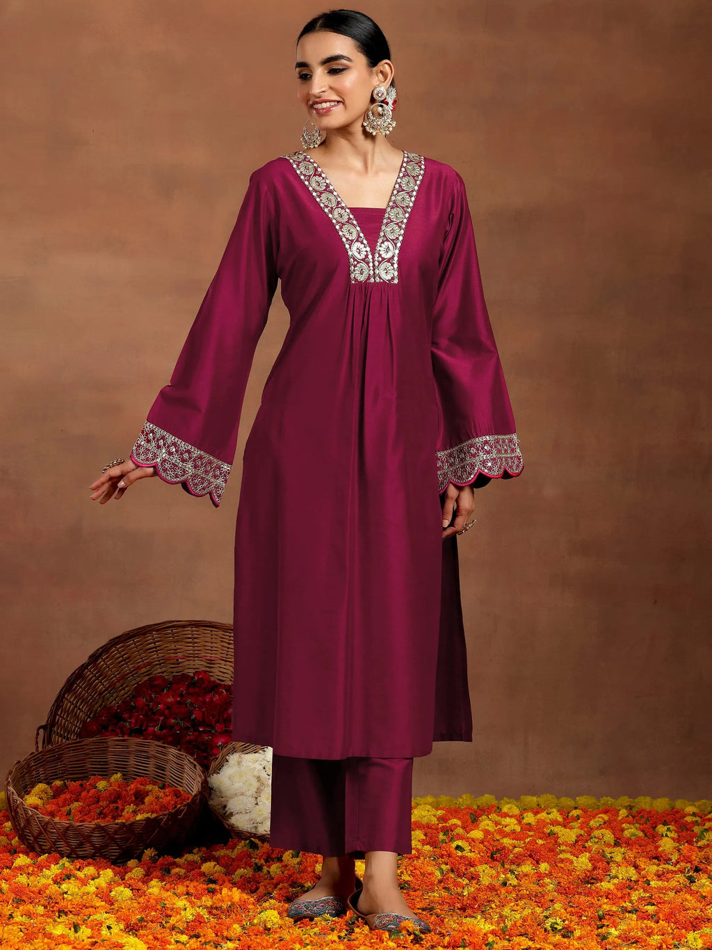 Gerua Maroon Yoke Design Silk Blend Straight Kurta Set