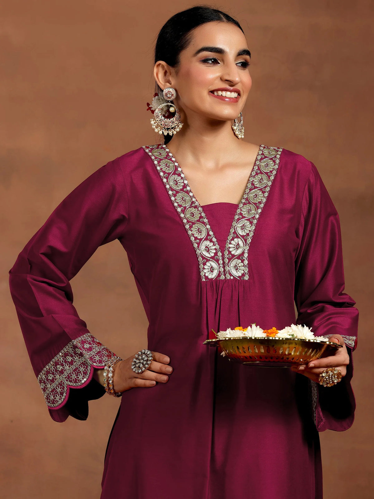 Gerua Maroon Yoke Design Silk Blend Straight Kurta Set