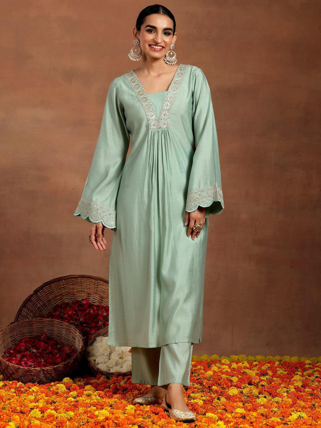 Gerua Green Yoke Design Silk Blend Straight Kurta Set