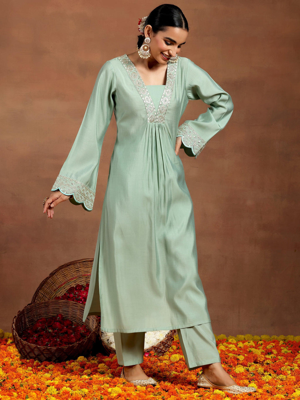 Gerua Green Yoke Design Silk Blend Straight Kurta Set