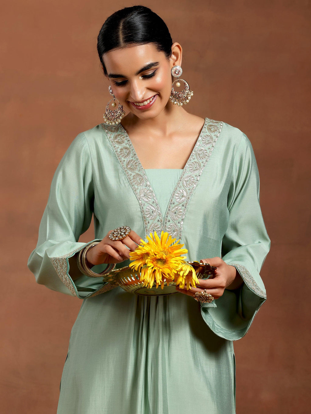 Gerua Green Yoke Design Silk Blend Straight Kurta Set