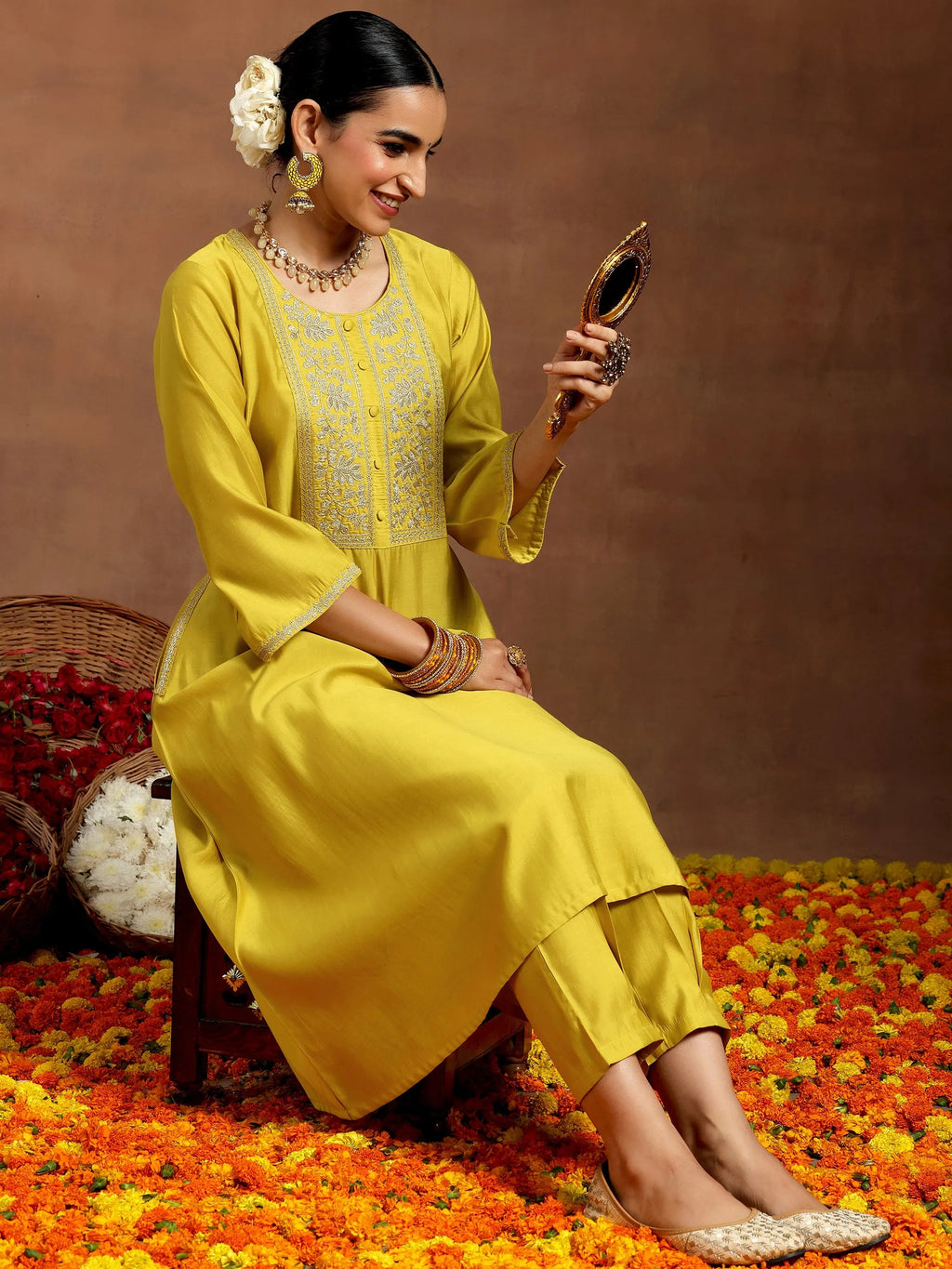 Gerua Mustard Yoke Design Silk Blend A-Line Kurta With Trousers