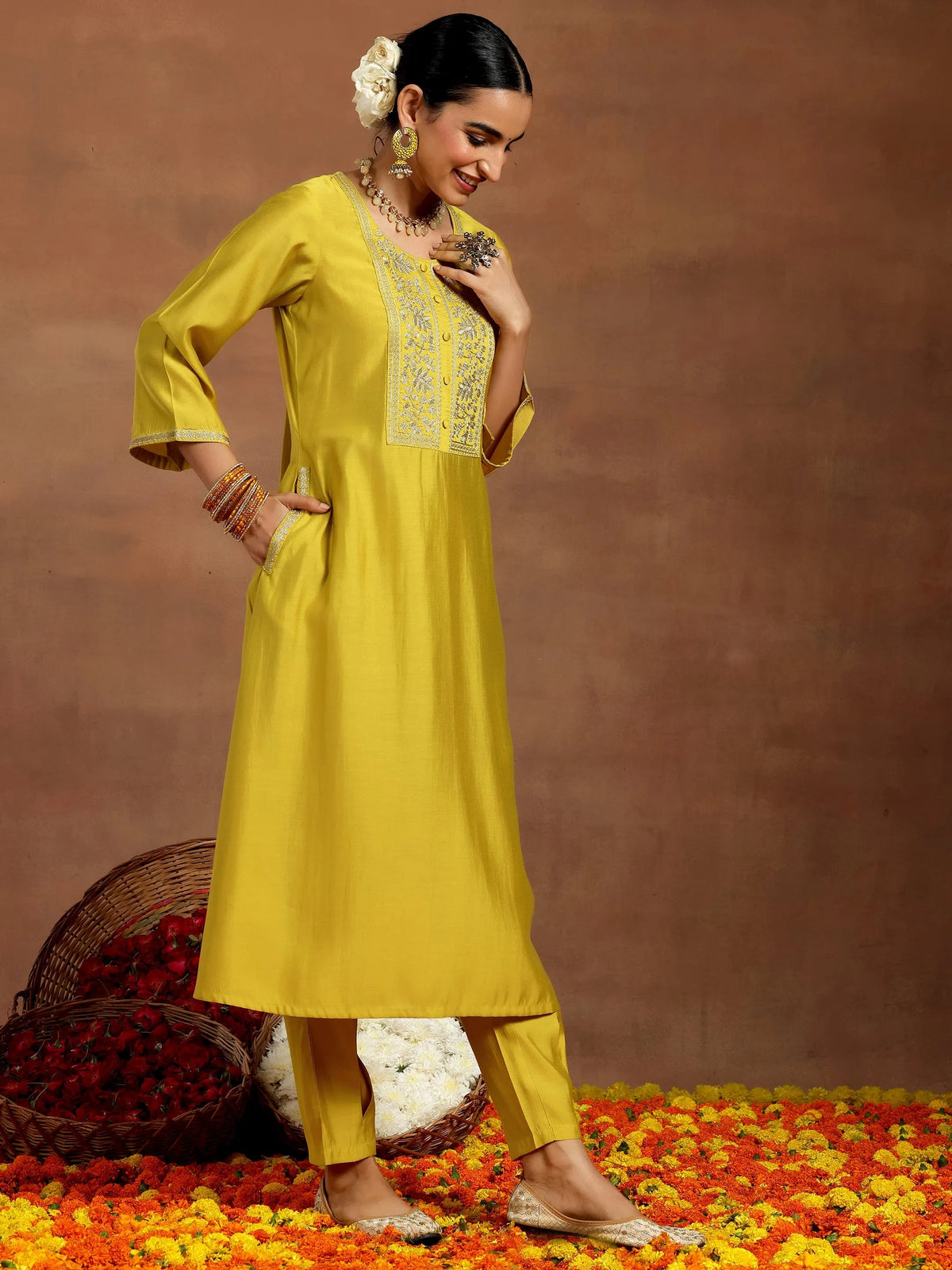 Gerua Mustard Yoke Design Silk Blend A-Line Kurta With Trousers