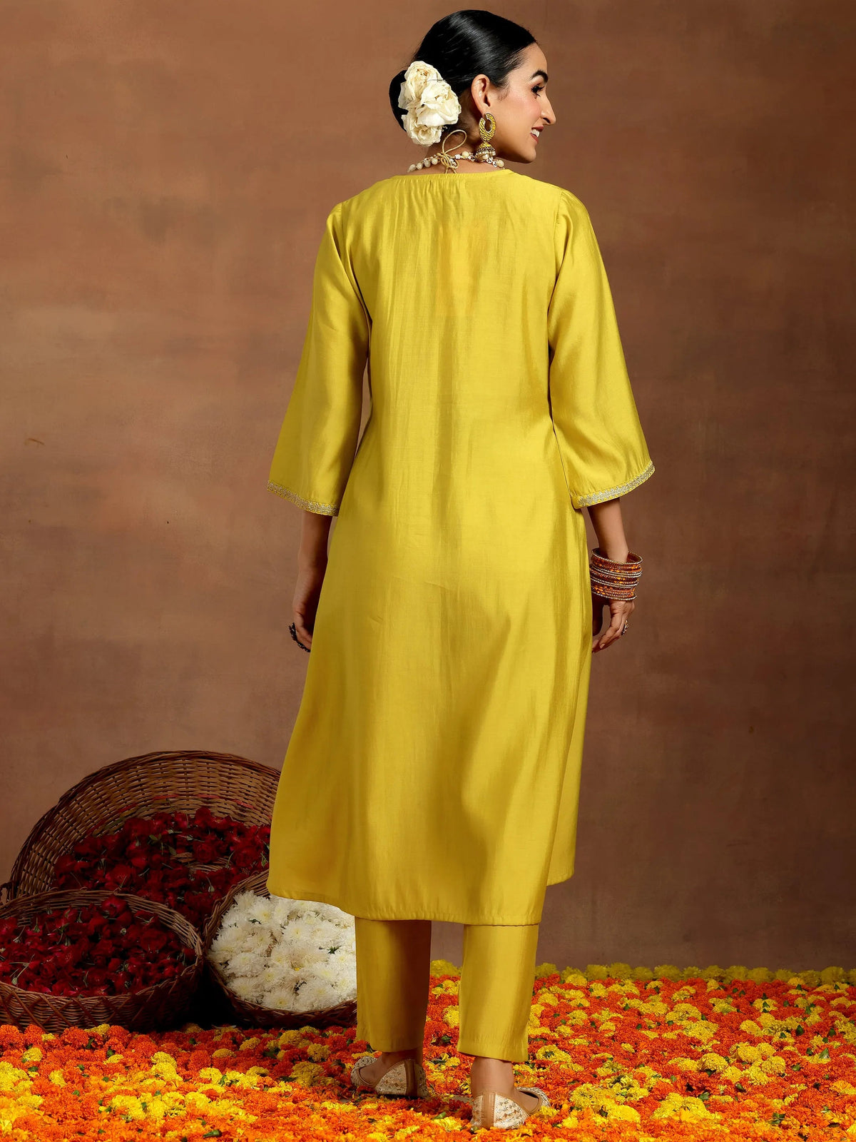 Gerua Mustard Yoke Design Silk Blend A-Line Kurta With Trousers