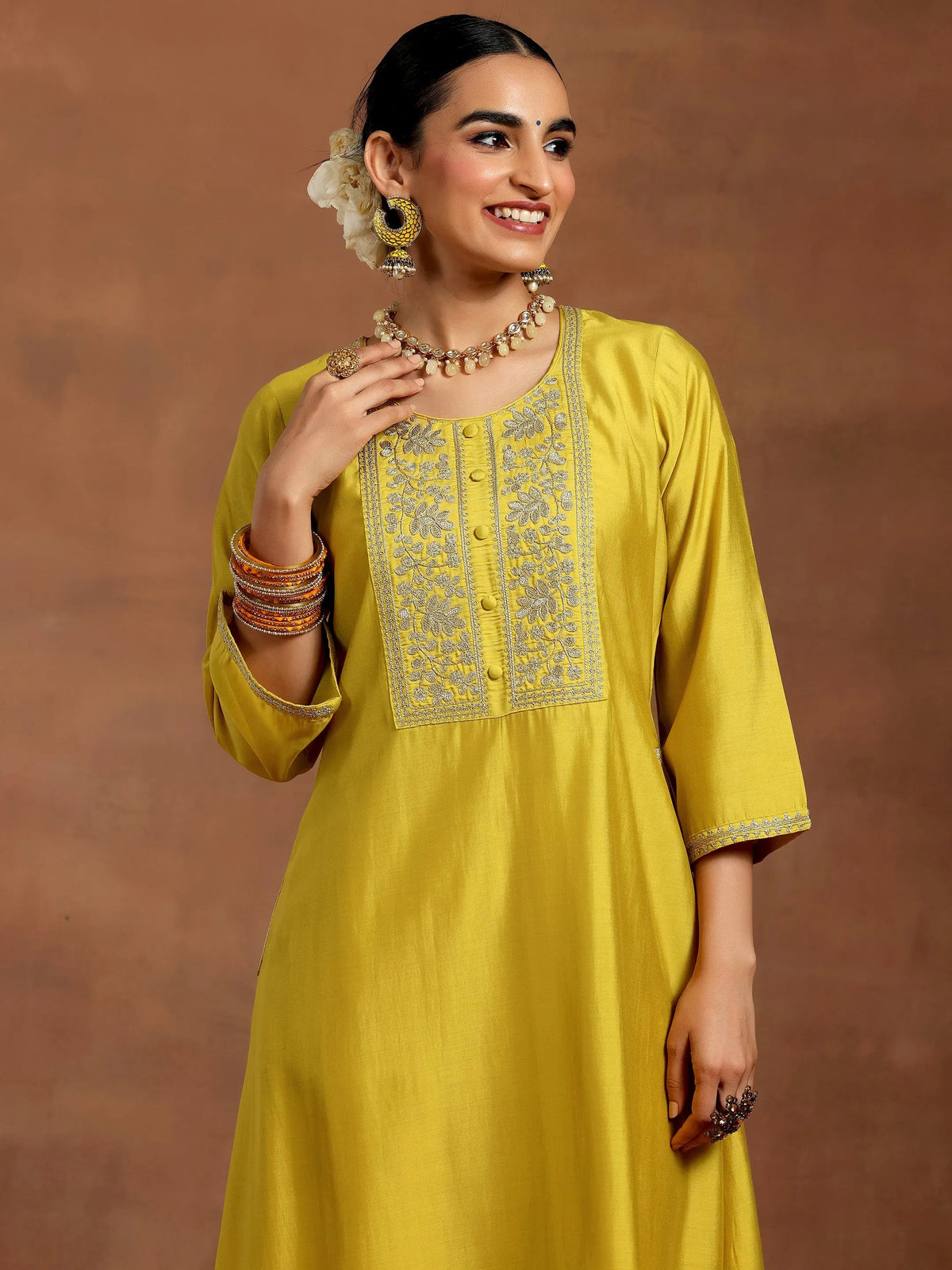 Gerua Mustard Yoke Design Silk Blend A-Line Kurta With Trousers