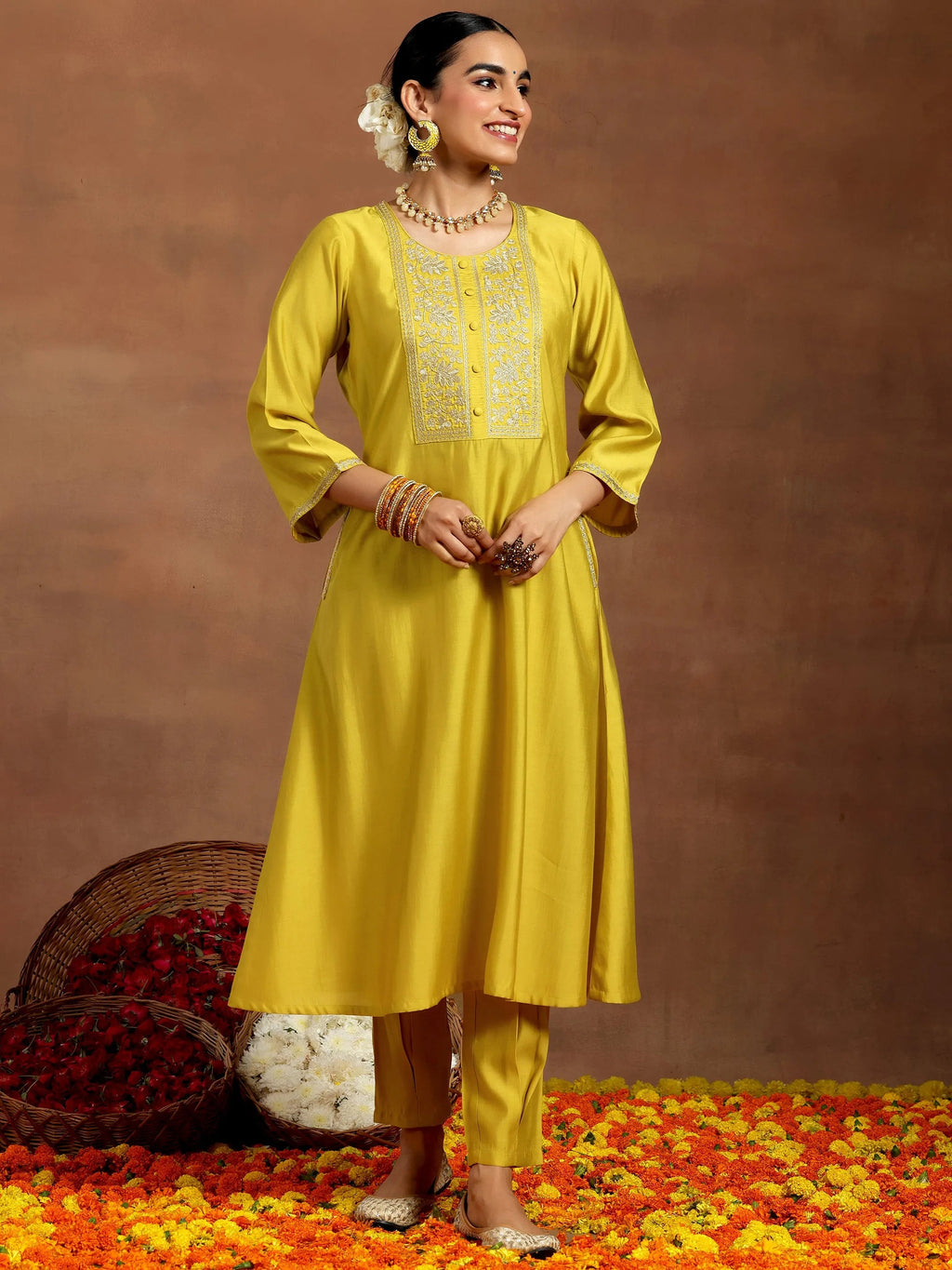 Gerua Mustard Yoke Design Silk Blend A-Line Kurta With Trousers