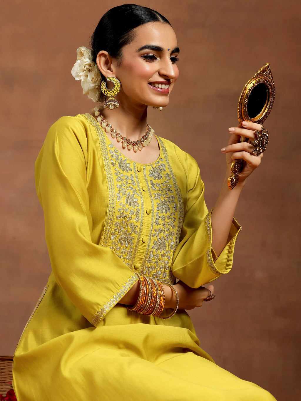 Gerua Mustard Yoke Design Silk Blend A-Line Kurta With Trousers
