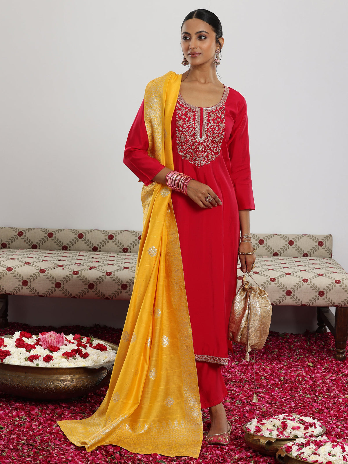 Gerua Maroon Yoke Design Silk Blend Straight Suit With Dupatta