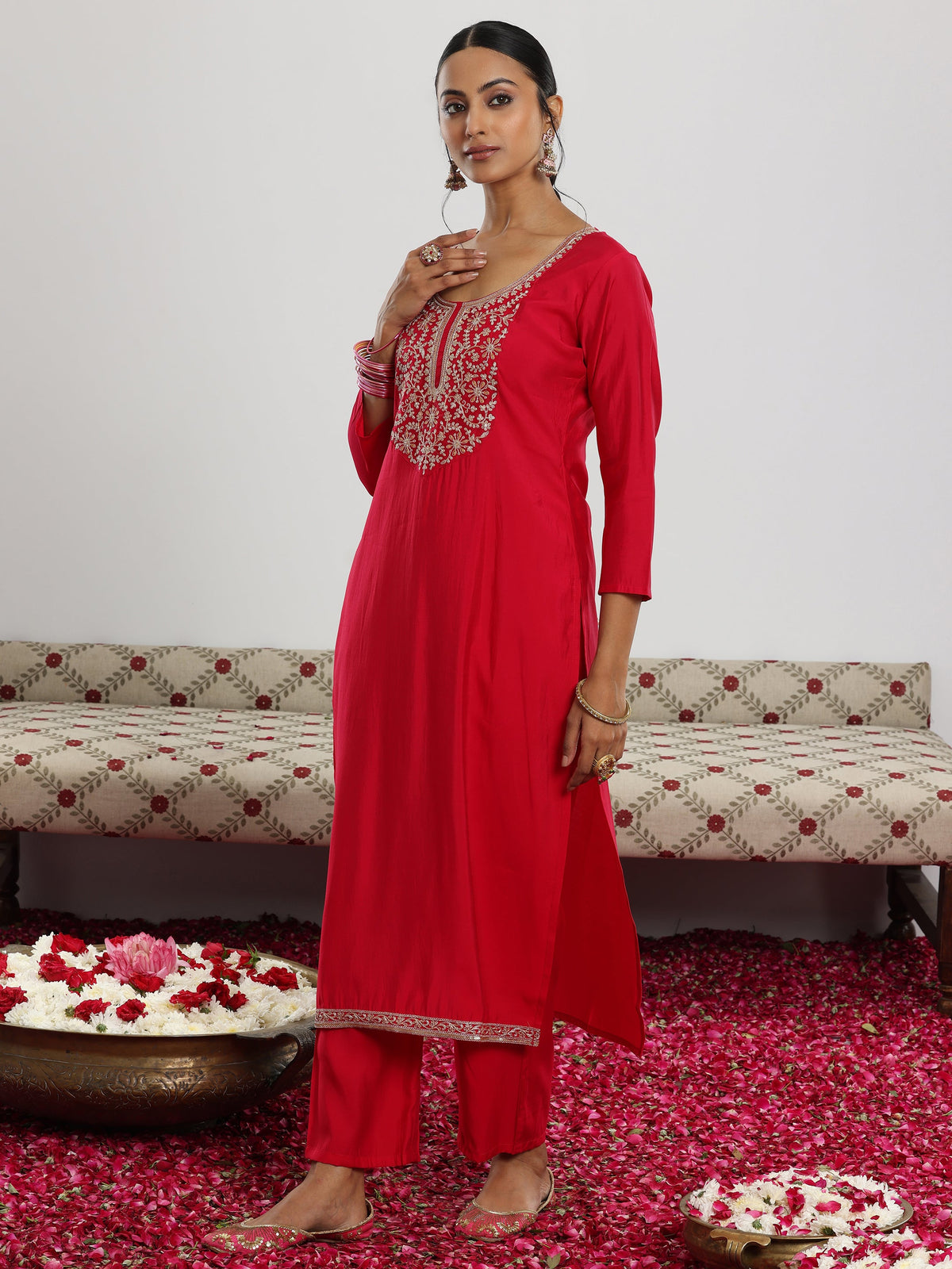 Gerua Maroon Yoke Design Silk Blend Straight Suit With Dupatta