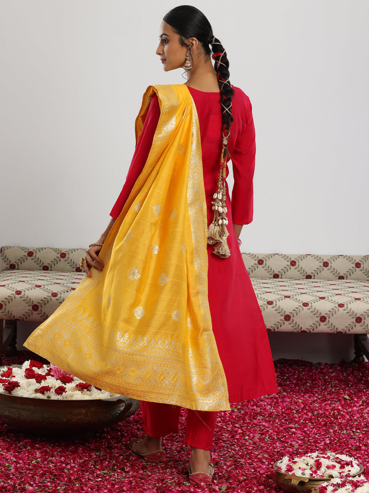 Gerua Maroon Yoke Design Silk Blend Straight Suit With Dupatta