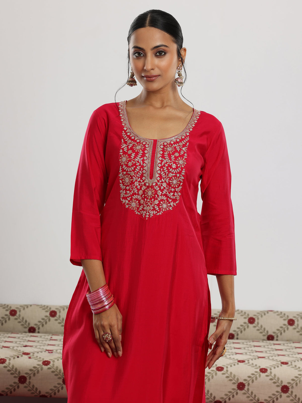Gerua Maroon Yoke Design Silk Blend Straight Suit With Dupatta