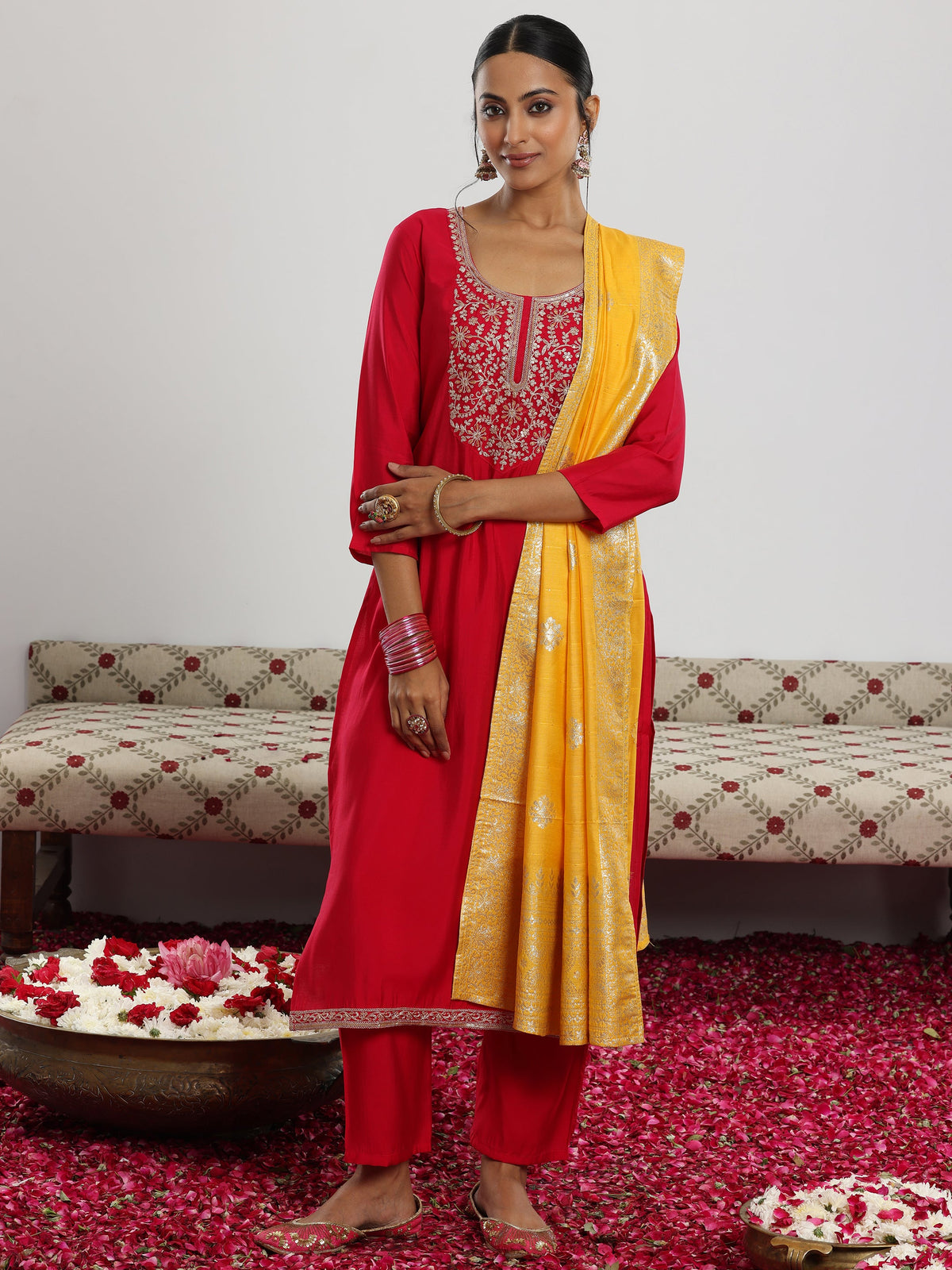 Gerua Maroon Yoke Design Silk Blend Straight Suit With Dupatta