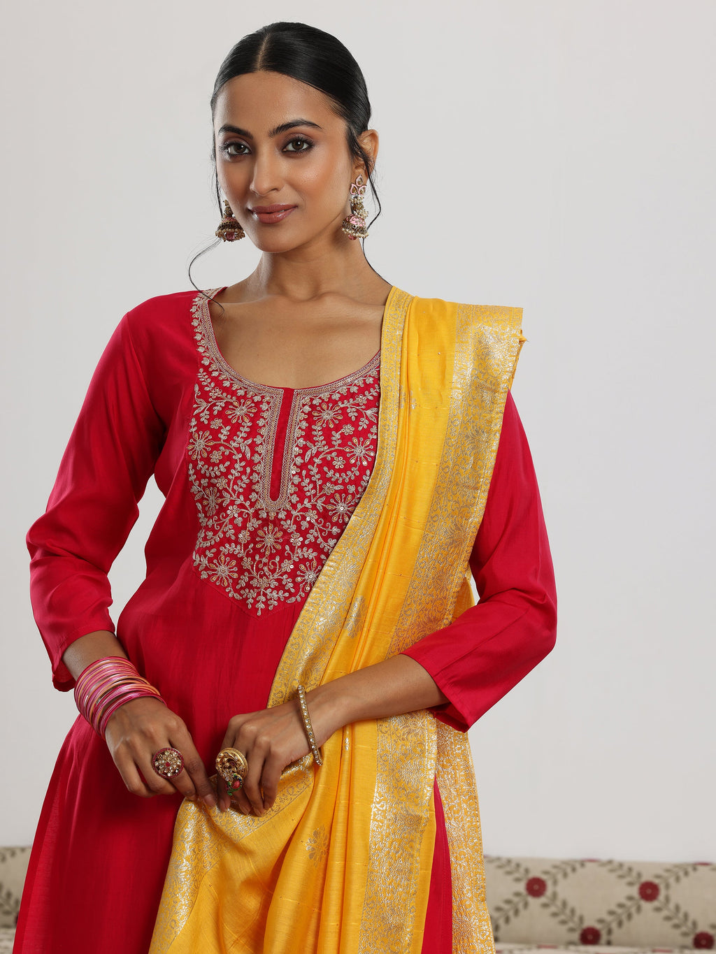 Gerua Maroon Yoke Design Silk Blend Straight Suit With Dupatta