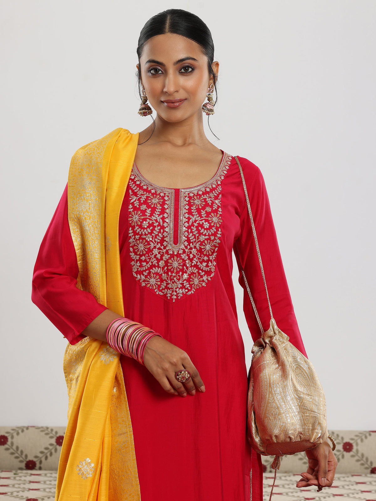 Gerua Maroon Yoke Design Silk Blend Straight Suit With Dupatta