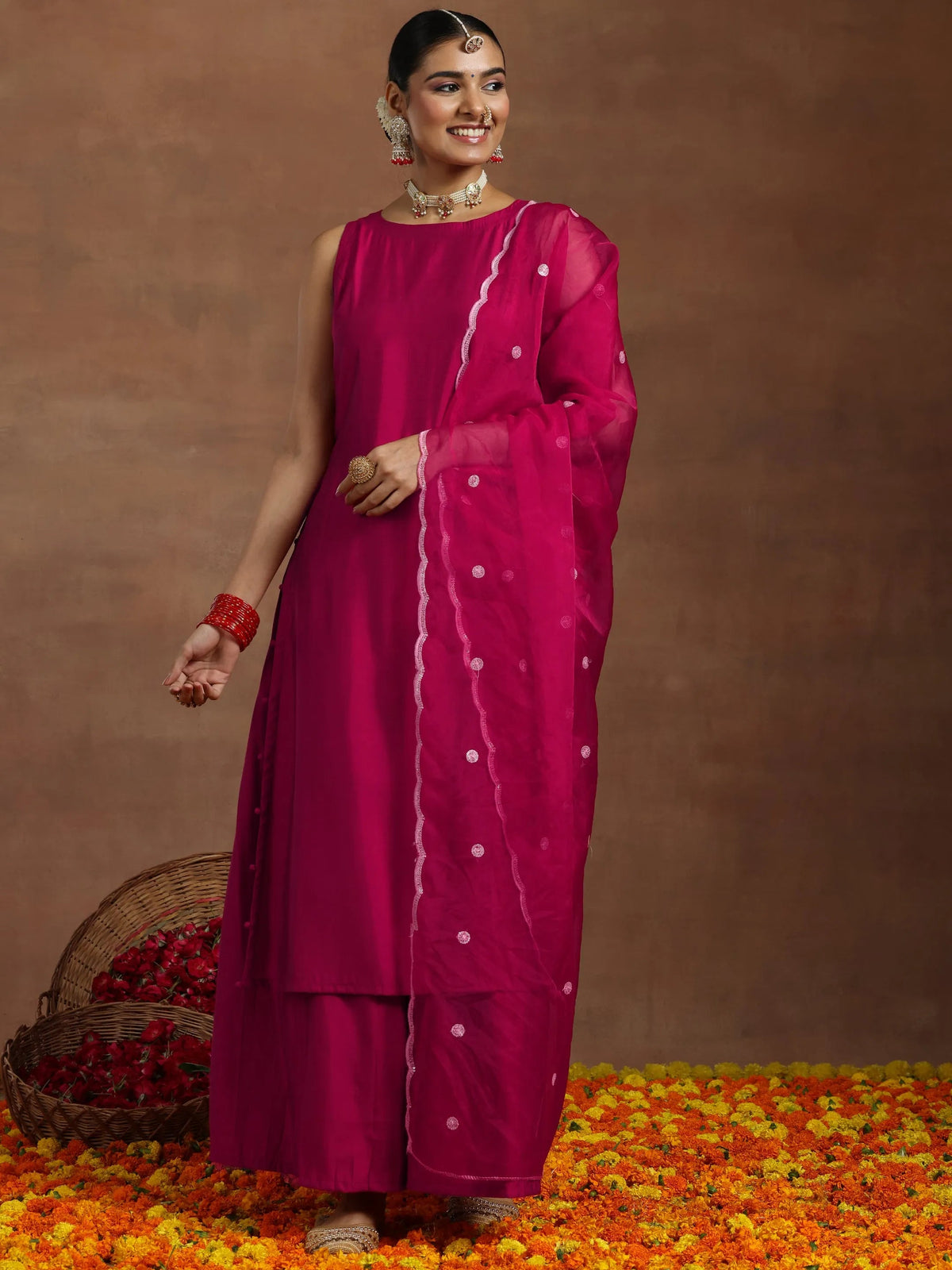Gerua Pink Solid Silk Blend Straight Suit With Dupatta