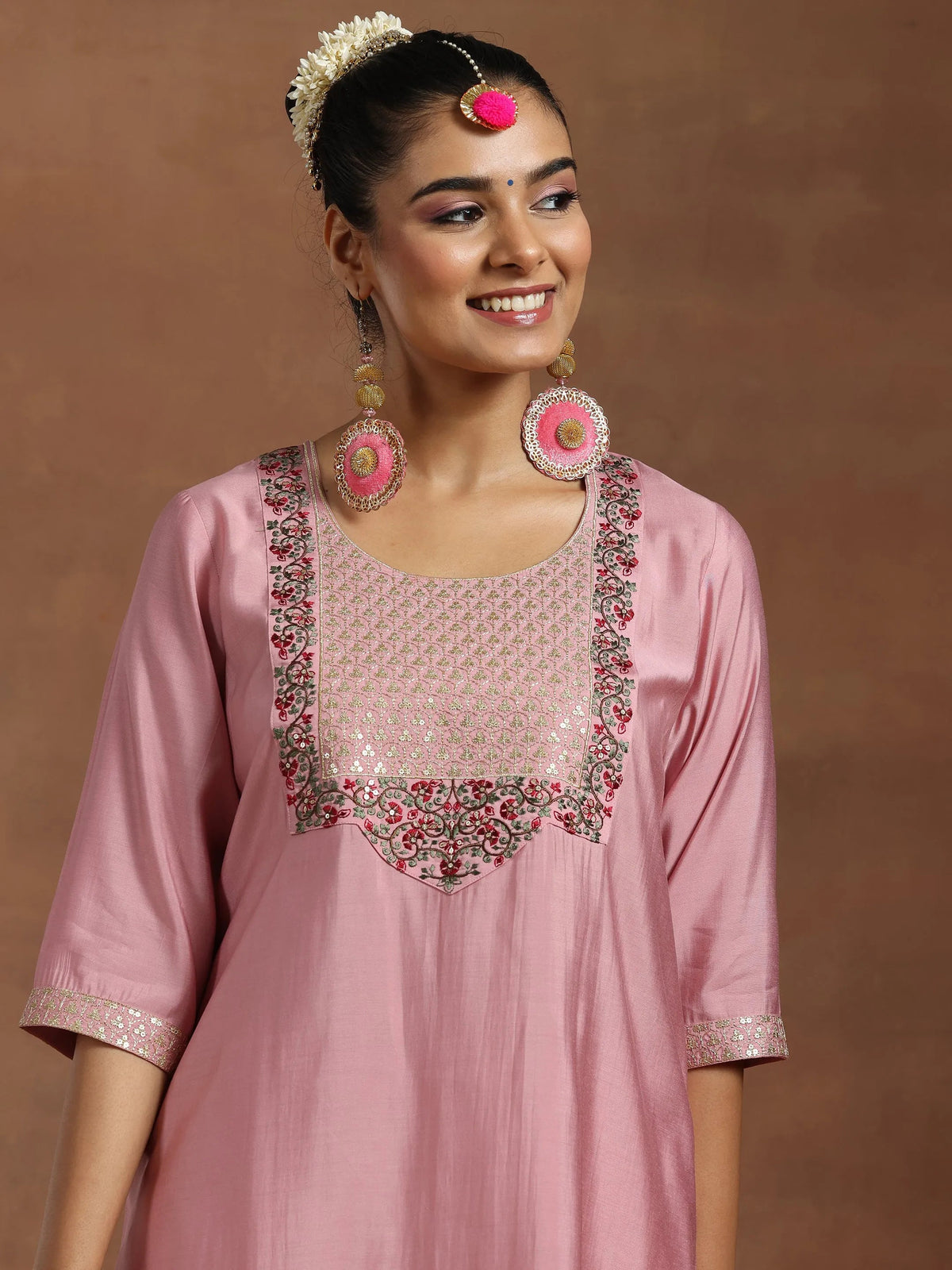 Gerua Pink Yoke Design Silk Blend Straight Suit With Dupatta