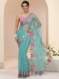 Libas Aqua Blue Floral Embroidered Chiffon Saree with Scalloped Border