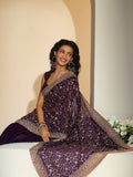 Libas Aubergine Purple Floral Embroidered Georgette Saree