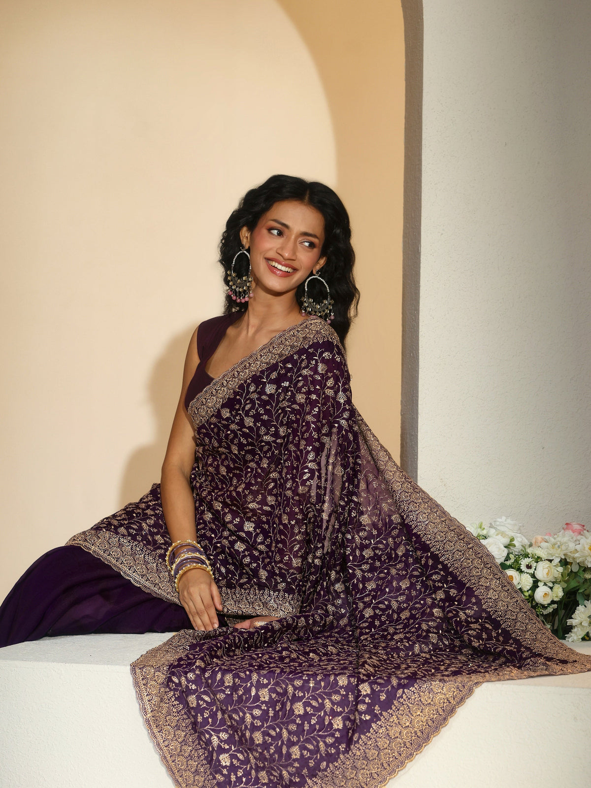 Libas Aubergine Purple Floral Embroidered Georgette Saree