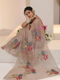 Libas Beige Floral Embroidered Tissue Saree with Scalloped Border