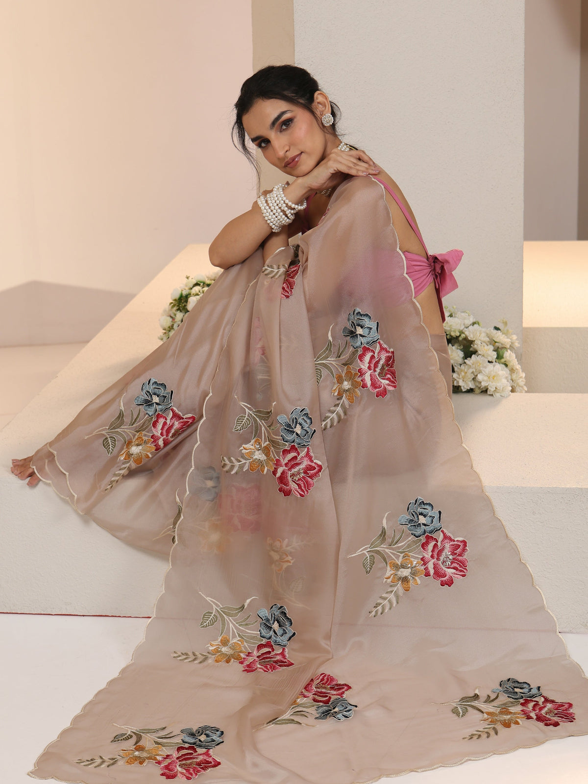 Libas Beige Floral Embroidered Tissue Saree with Scalloped Border