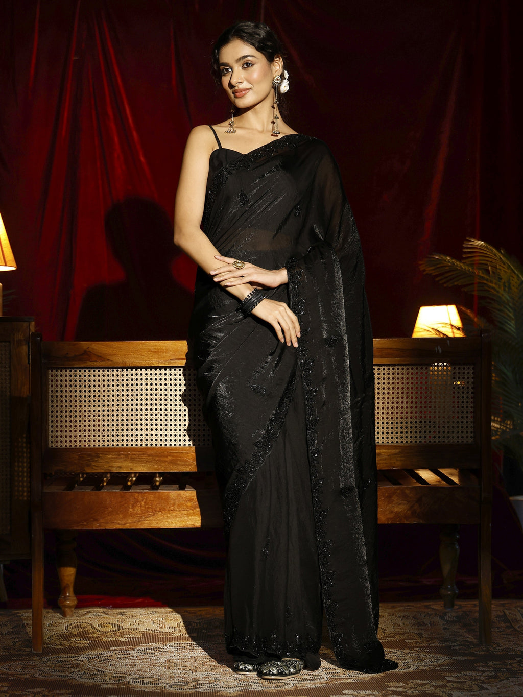 Libas Black Embellished Tissue Saree