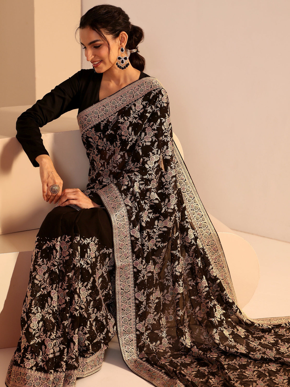 Libas Black Floral Embroidered Georgette Saree