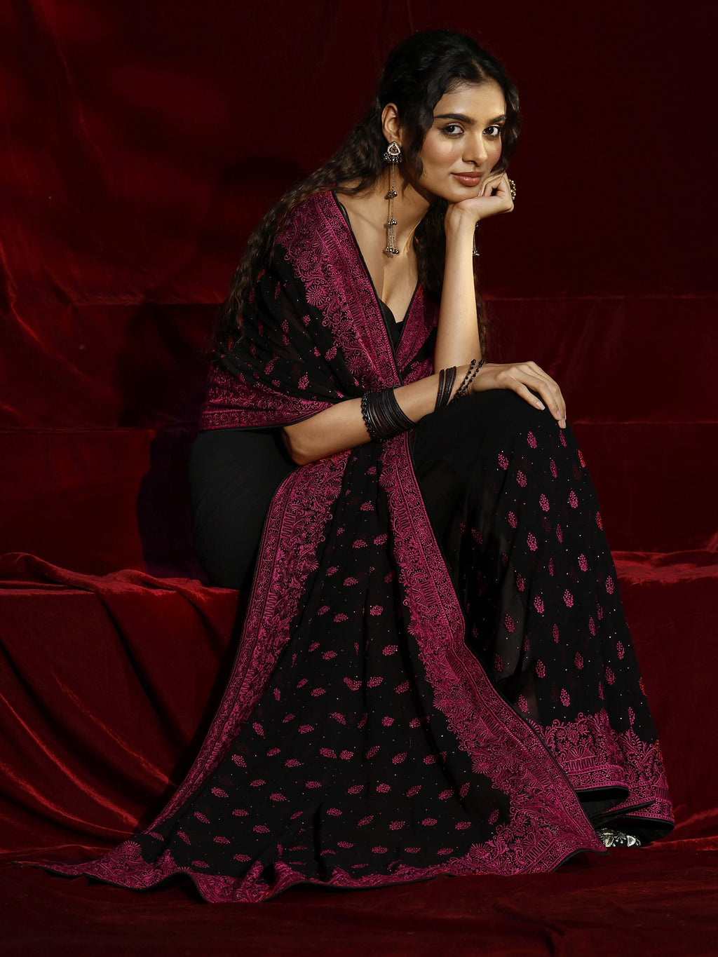 Libas Black Floral Embroidered Georgette Saree