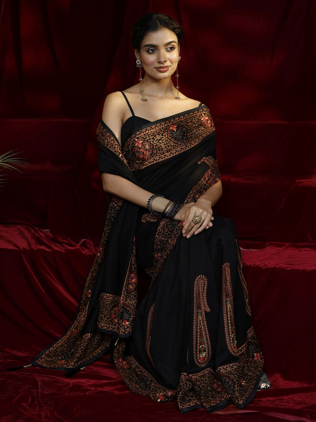 Libas Black Paisley Embroidered Silk blend Saree