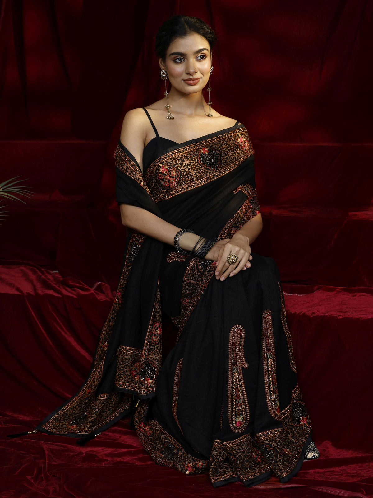 Libas Black Paisley Embroidered Silk blend Saree