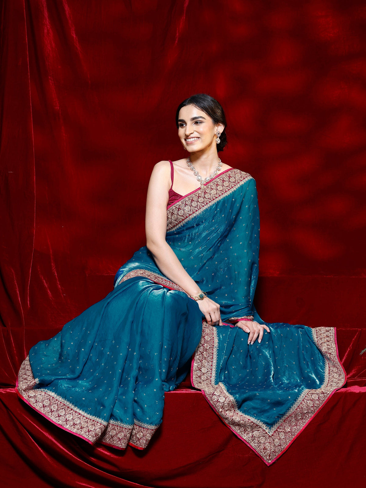 Libas Blue Embellished Tissue Saree