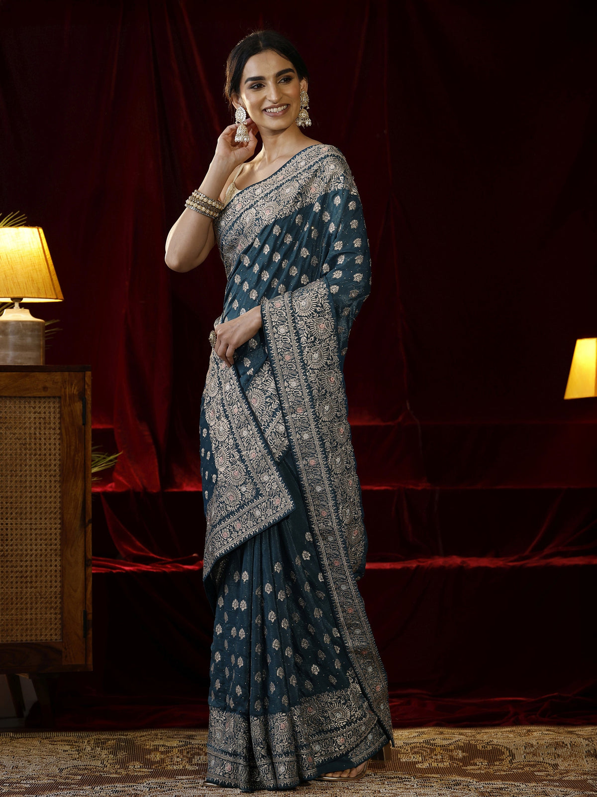 Libas Blue Ethnic Motif Embroidered Satin Saree