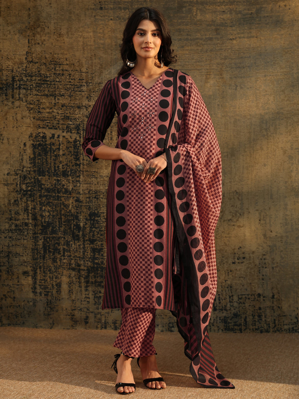 Libas Brown Ajrakh Printed Cotton Straight Suit Set