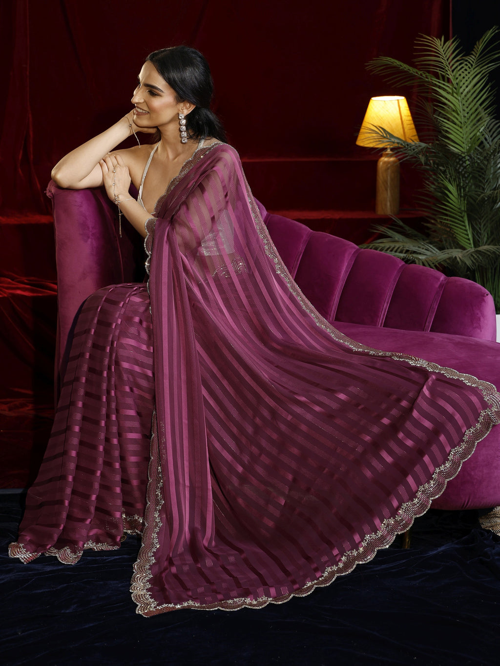 Libas Burgundy Striped Net Saree