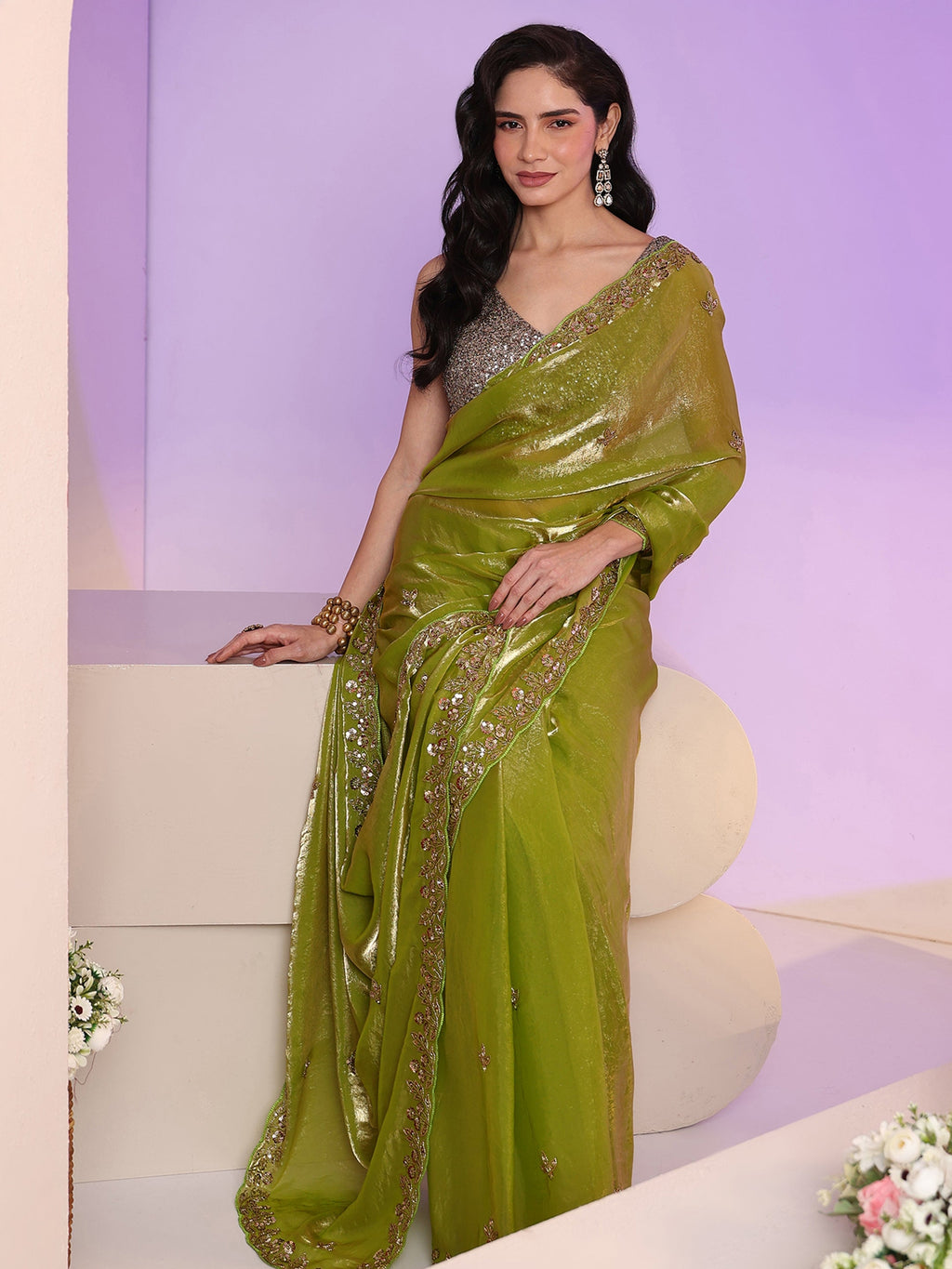 Libas Chartreuse Green Floral Embellished Tissue Saree