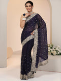 Libas Dark Purple Embellished Tissue Saree