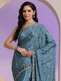 Libas Dusty Blue Embellished Silk Blend Saree