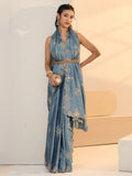 Libas Dusty Blue Floral Embroidered Silk Saree