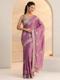 Libas Dusty Purple Floral Embroidered Silk Blend Saree