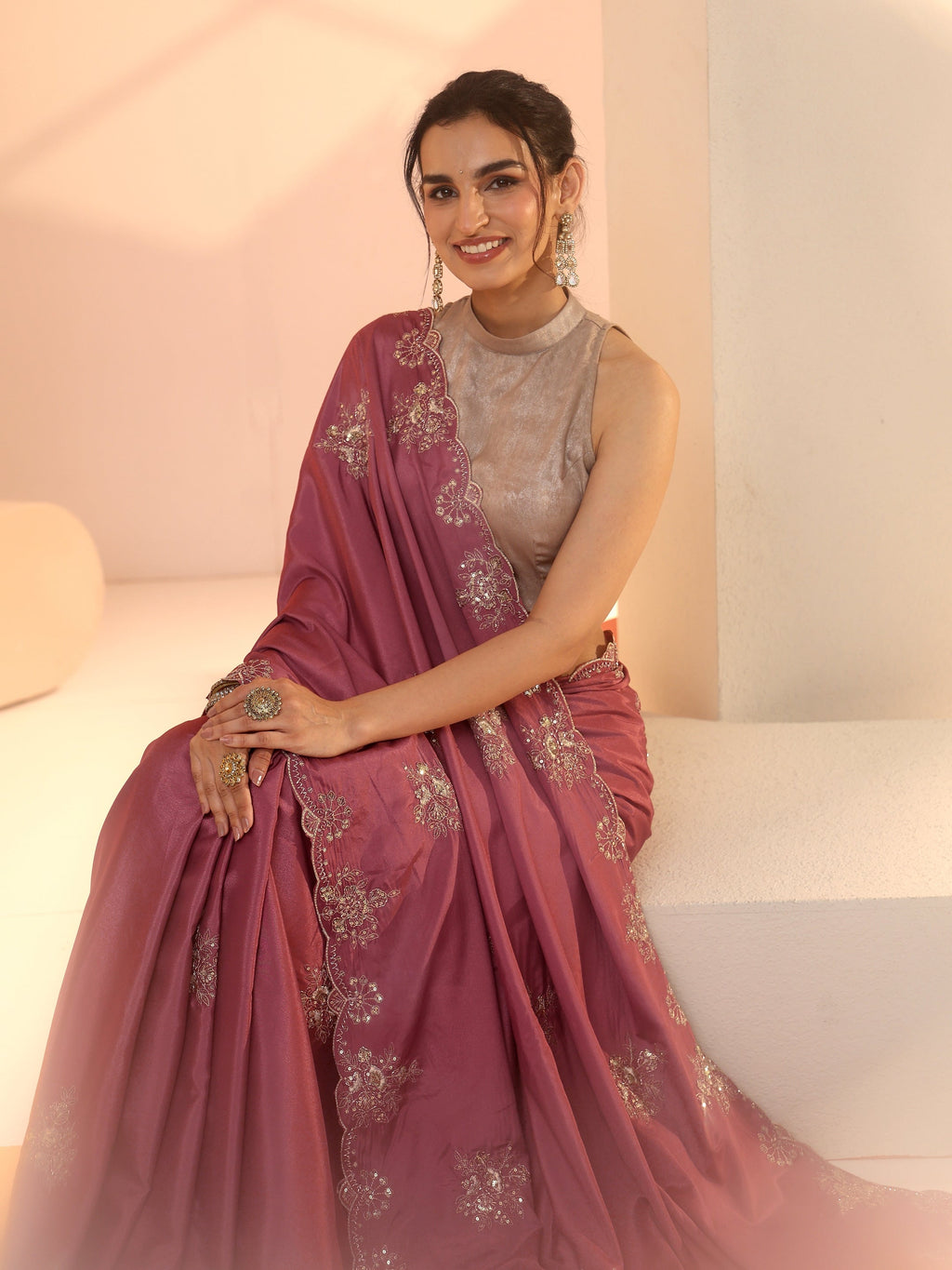 Libas Dusty Rose Pink Floral Embroidered Silk Blend Saree