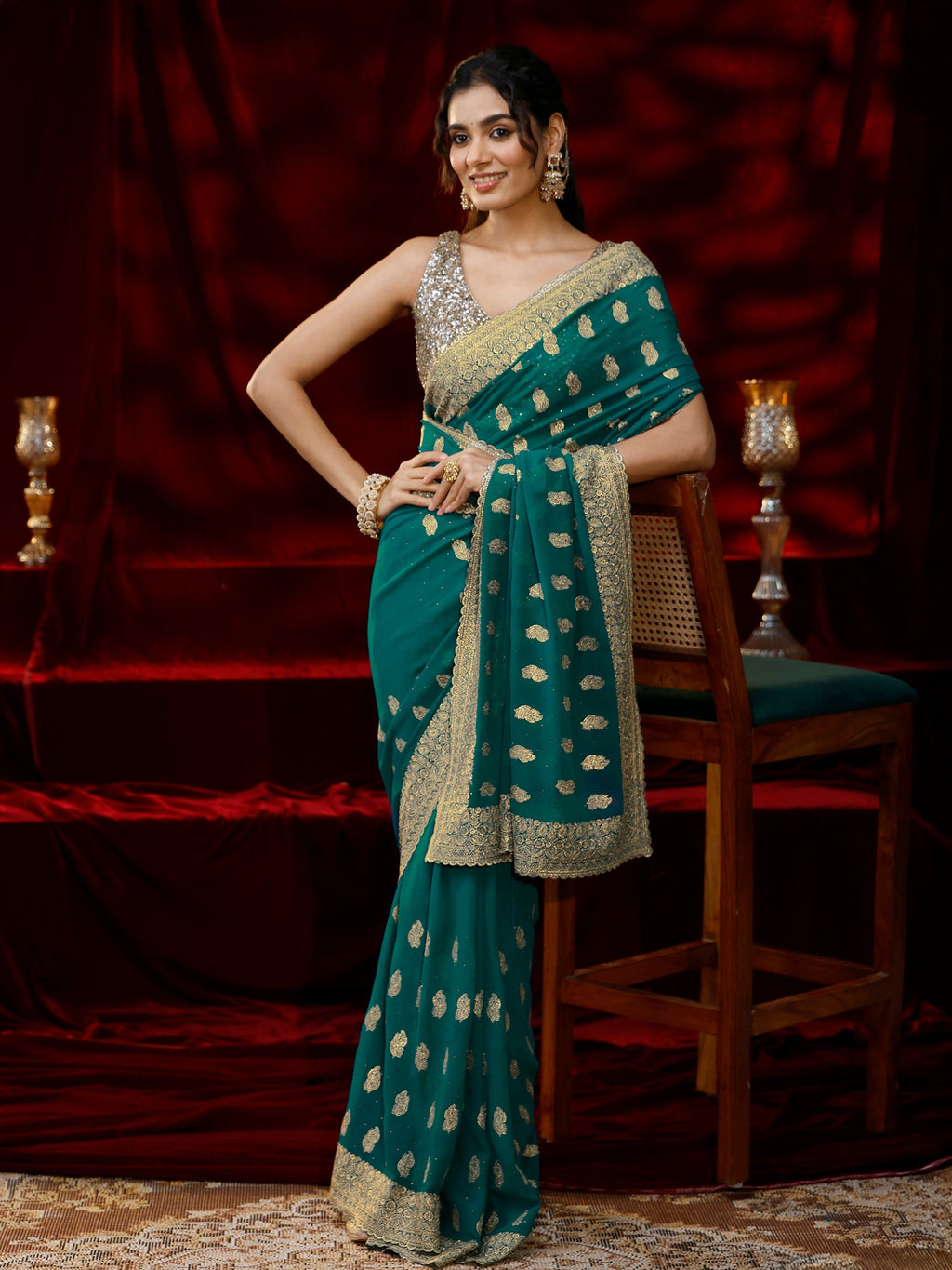 Libas Green Embroidered Georgette Saree