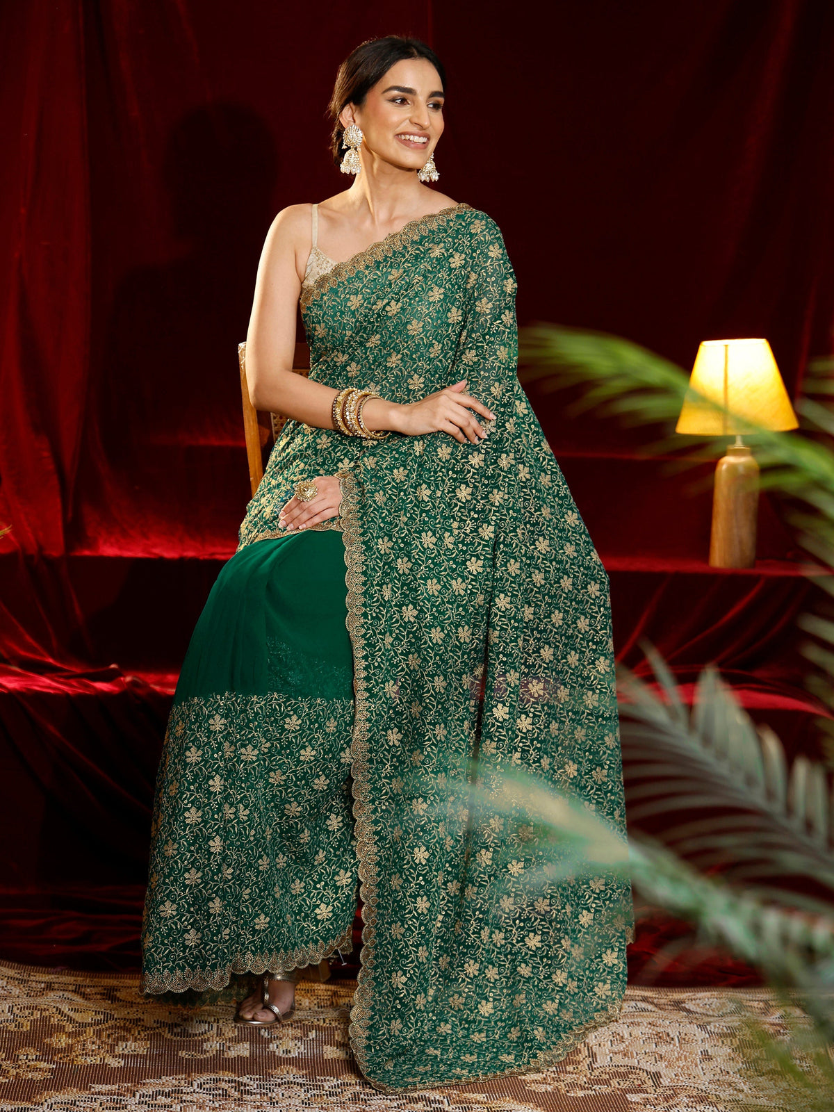 Libas Green Floral Embroidered Georgette Saree