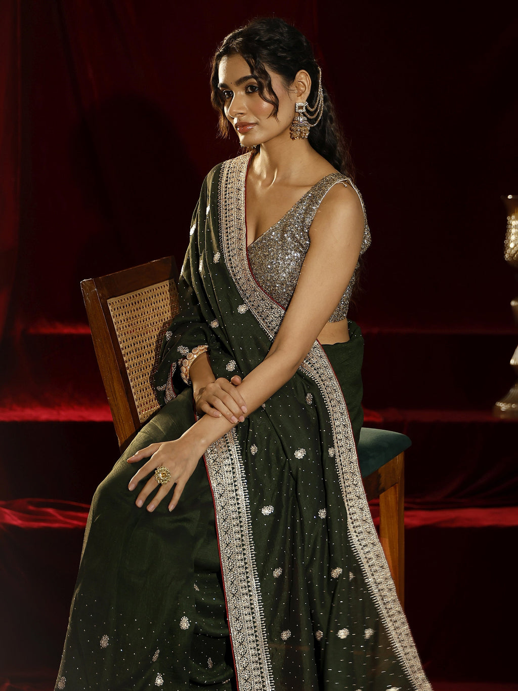 Libas Green Floral Embroidered Silk blend Saree