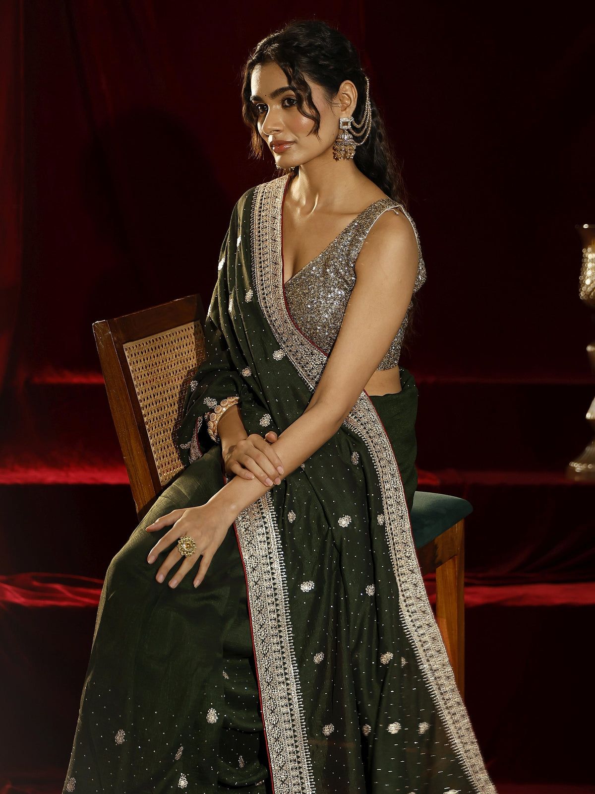 Libas Green Floral Embroidered Silk blend Saree