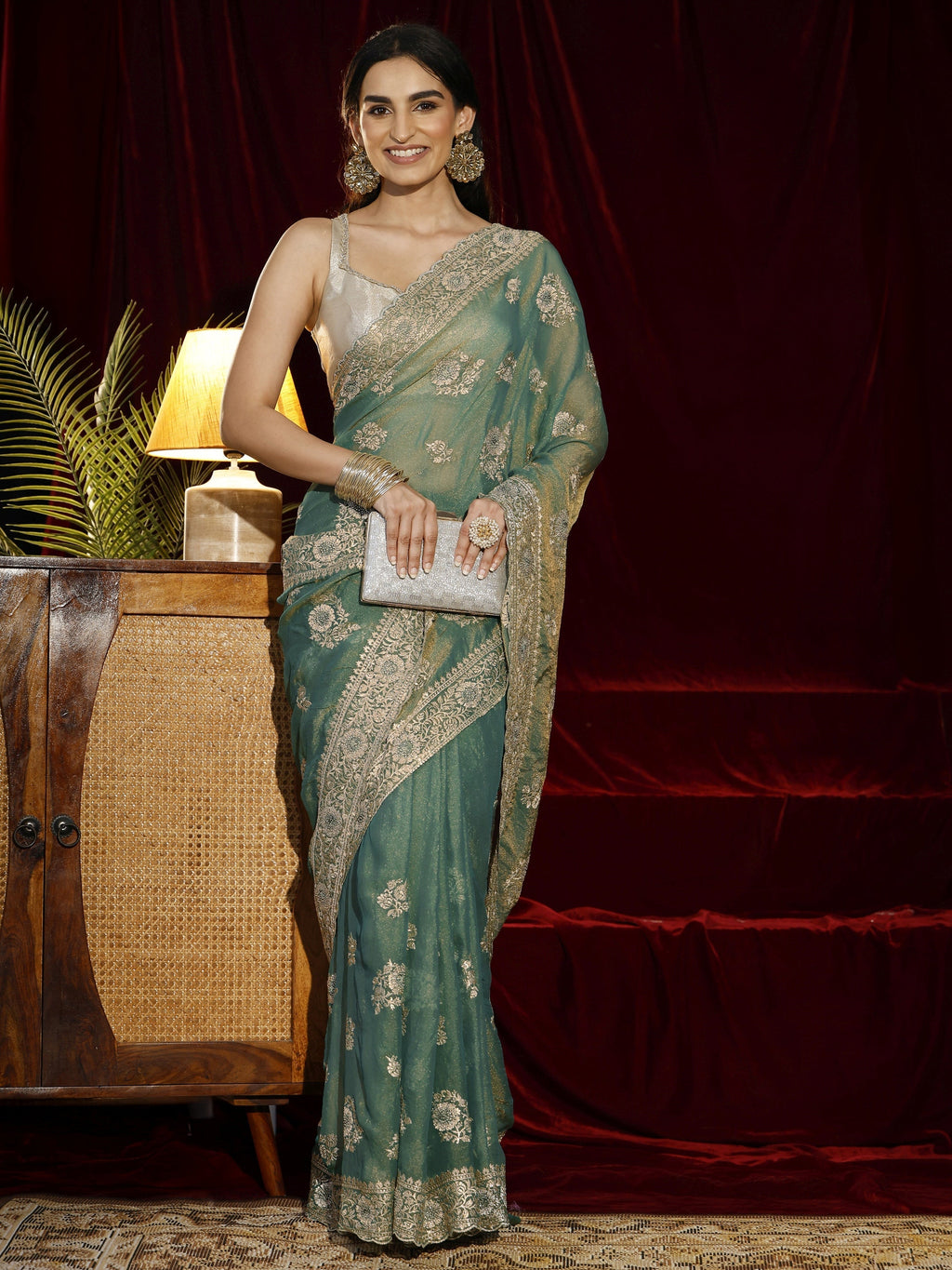 Libas Green Floral Embroidered Tissue Saree