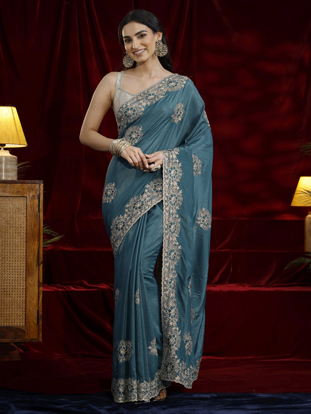 Libas Green Floral Embroidered Tissue Saree