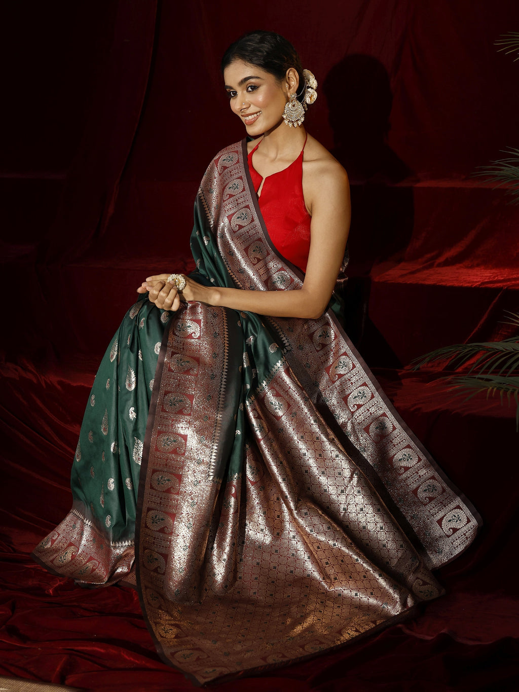 Libas Green Paisley Woven Design Silk blend Saree