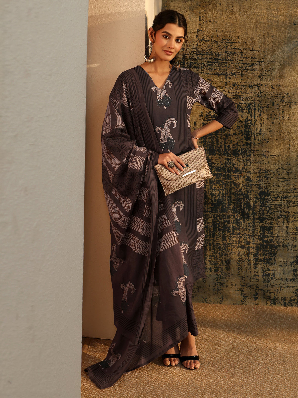 Libas Grey Ajrakh Printed Cotton Straight Suit Set