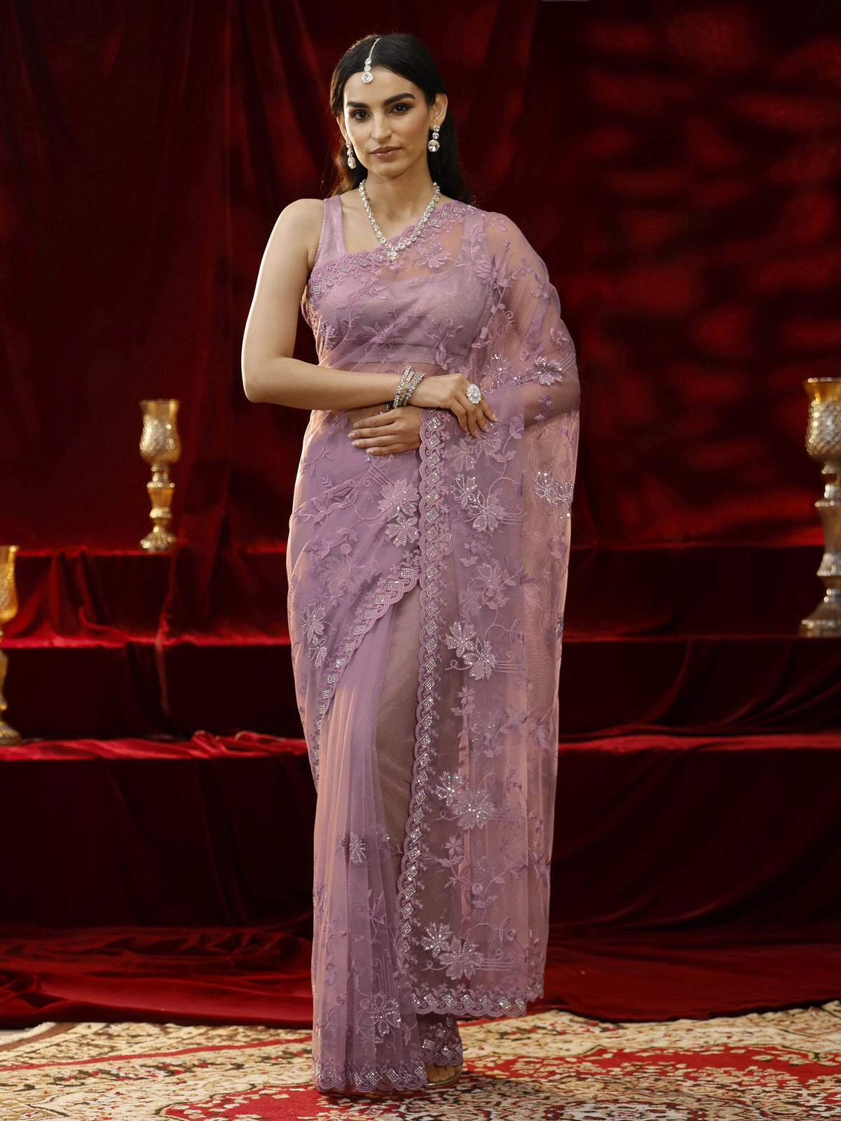 Libas Lavender Floral Embroidered Net Saree