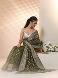 Libas Leaf Green Embellished Satin Saree with Ethnic Motifs